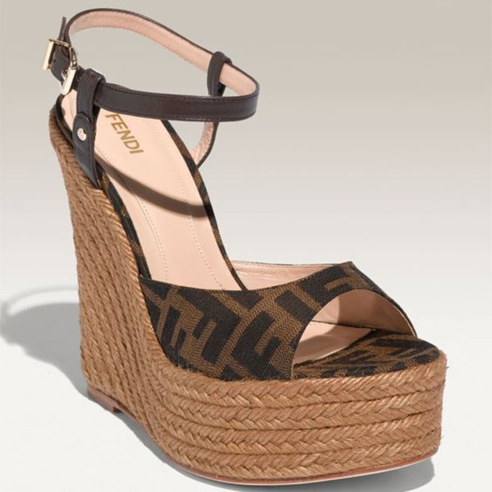 Authentic FENDI Zucca Monogram Espadrille Wedge Sandals EU 37